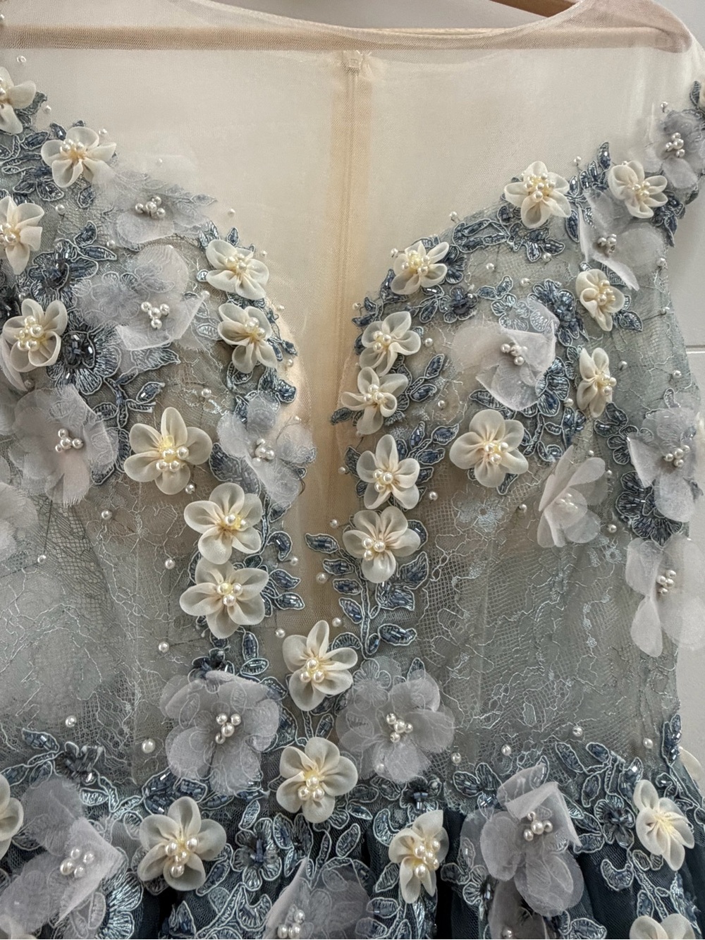 Prom/ Wedding ! Designer inspired Grey Tulle Maxi Dress with Floral Appliqué - Picture 9 of 14